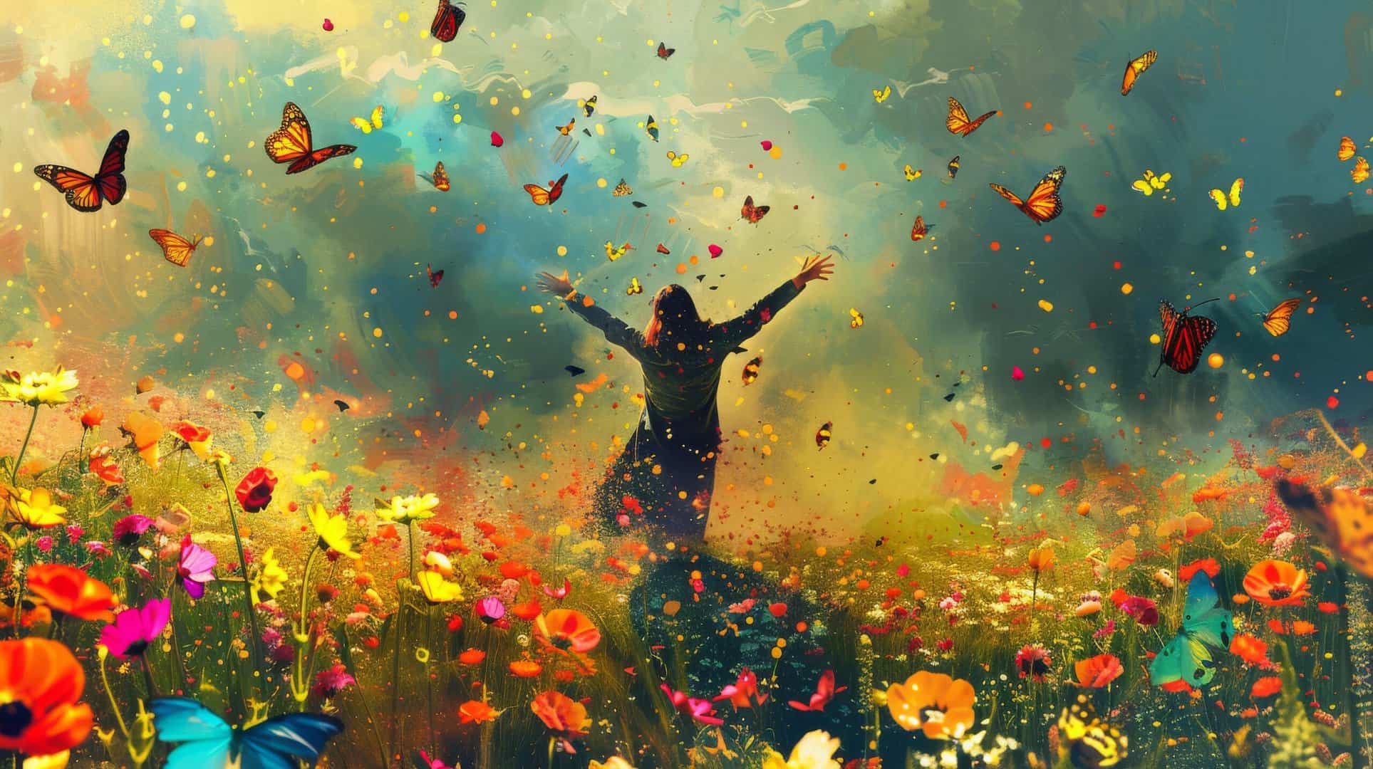 A painting of the rear-view of a young woman in field of wildflowers and butterflies symbolizing rediscovering joy in addiction recovery.