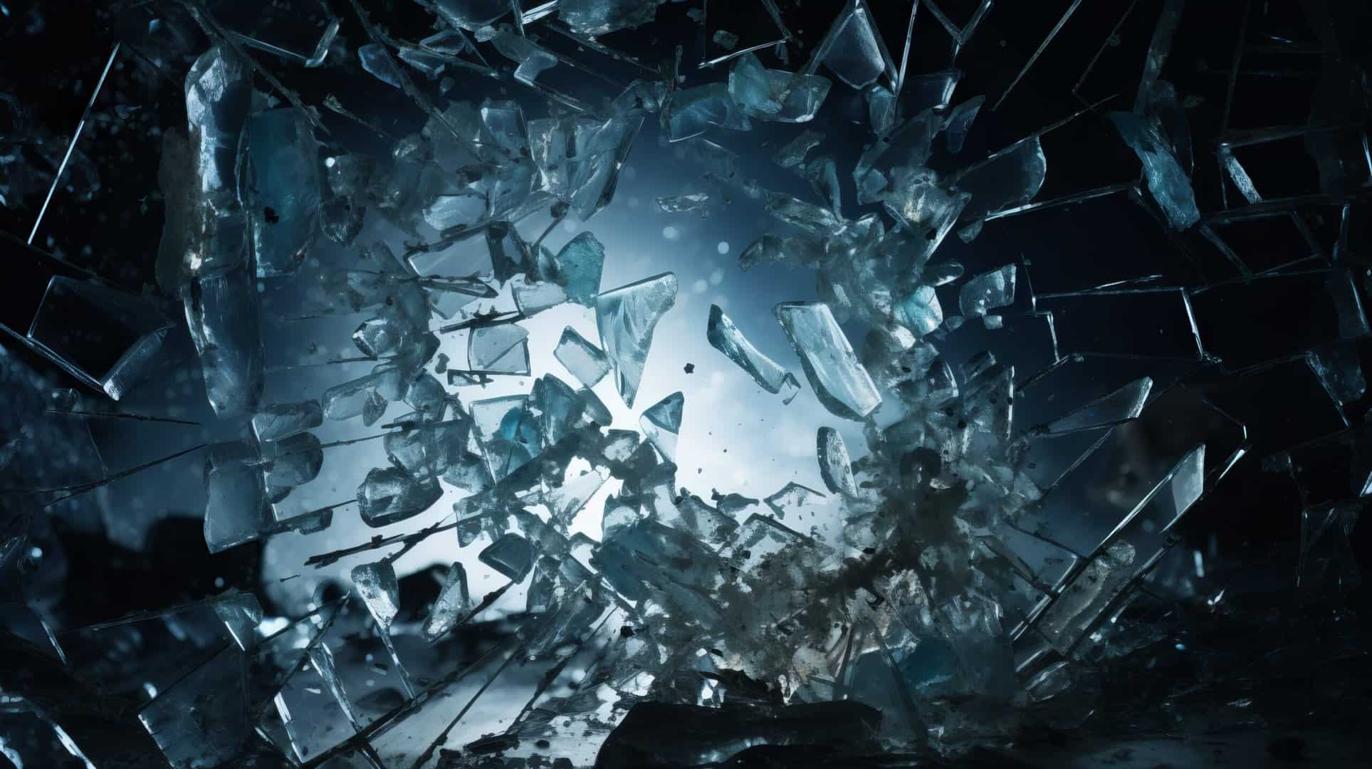 A shattered pane of glass. Clear blue sky is visible through the shatter glass. Represents debunking and shatter addiction recovery myths.