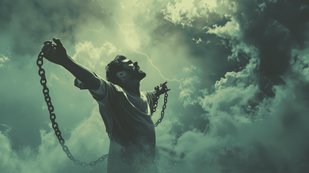 A dramatic two tone image of a man breaking the chains of addiction.