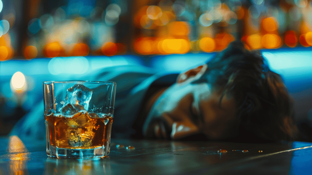 A man passed out on a bar after drinking too much.