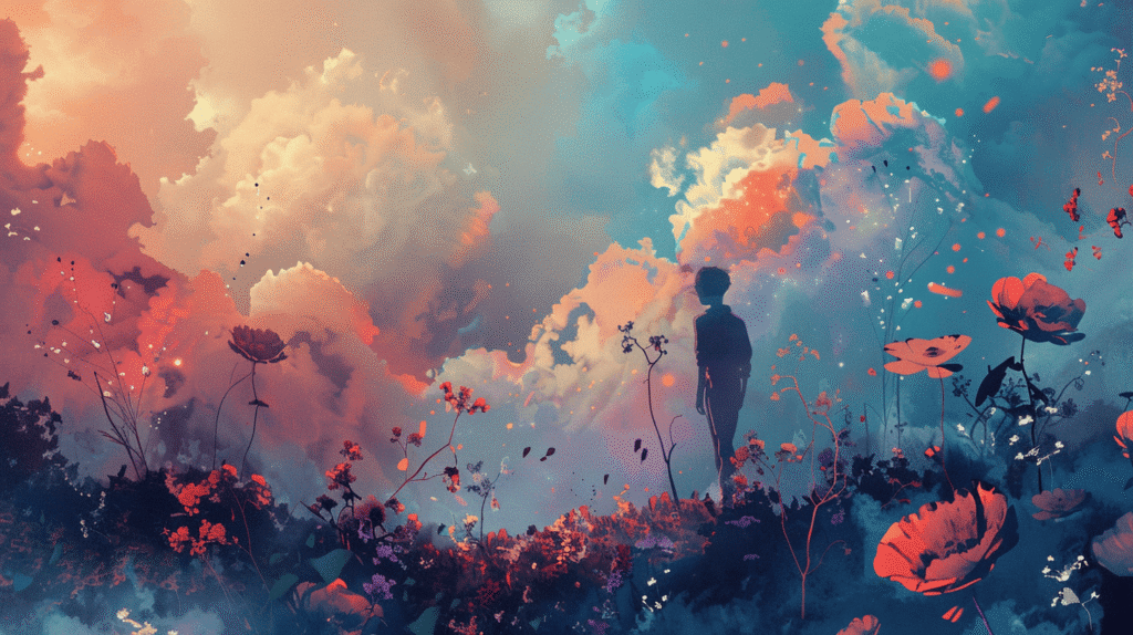 Fantastical representation of self discovery in sobriety. You man in a field of flowers with multi-colored sky and clouds in the background.
