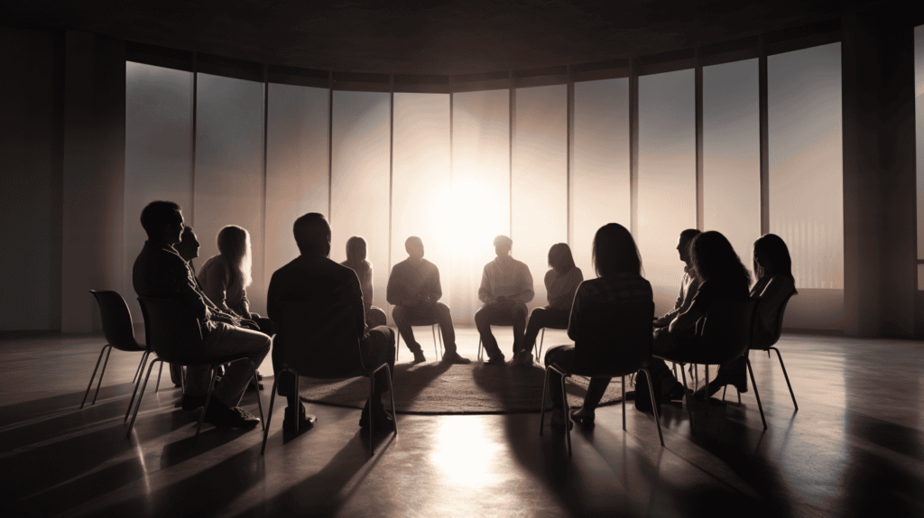 An addiction recovery support group meeting.