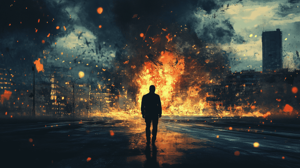 A dramatic crisis scene. The silhouette of a man is shown as he stands looking at a burning building in a city.