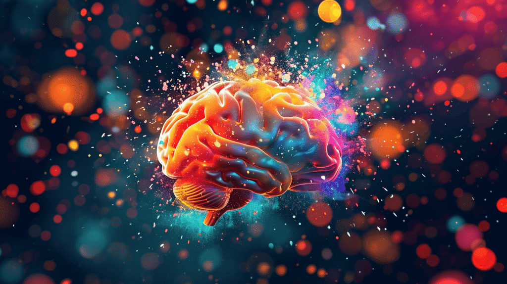 A depiction of a human brain surrounded by bright colors and shapes symbolizing dopamine hit that comes from drinking alcohol.