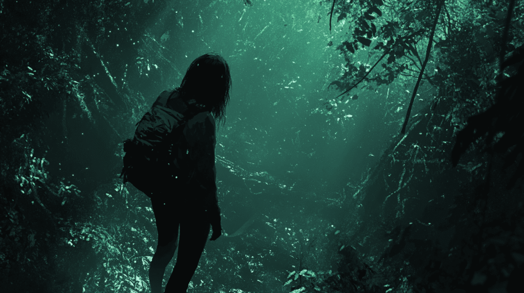 A young woman backpacker standing looking into a dense jungle.
